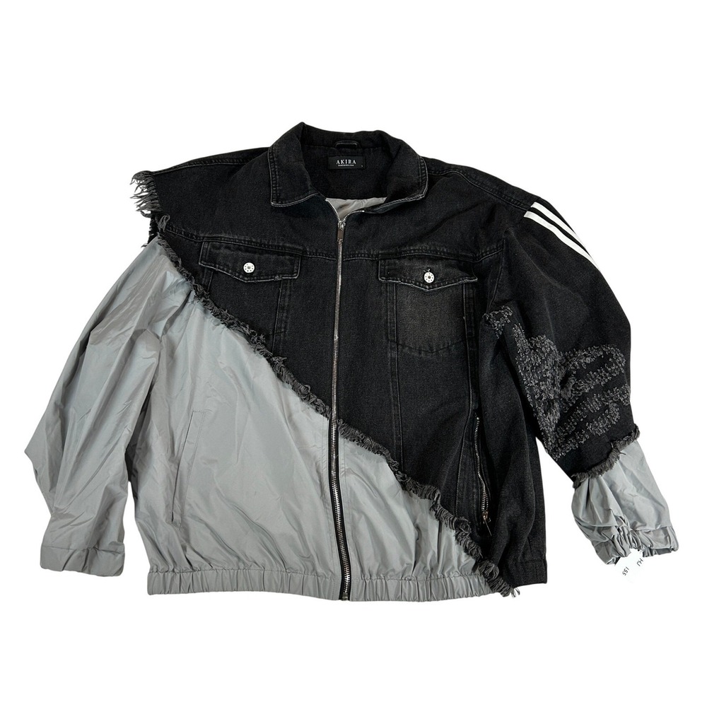 Akira Deconstructed Mixed Media Denim Bomber Jacket Black Grey Large 820-ZIPUP
